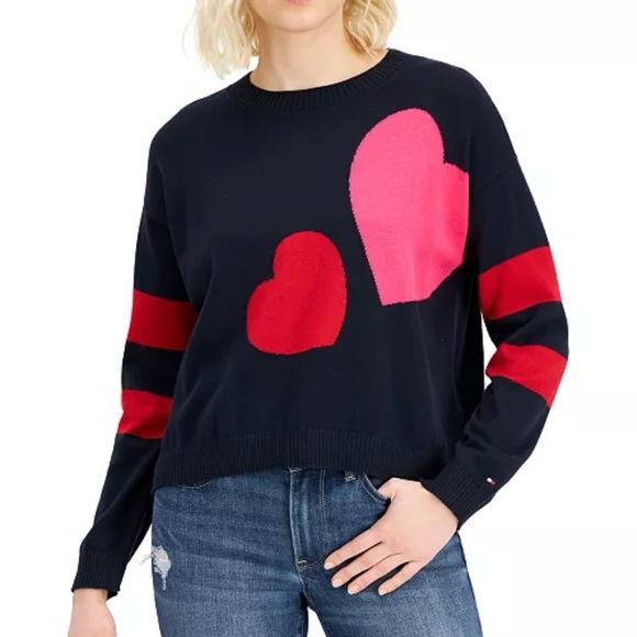 Tommy Hilfiger Women's Cropped Double Heart Sweater Navy Crewneck Size Large. - Picture 1 of 12